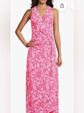 LANDS END 3X Tulip hem pink floral cinch waist wrap maxi dress stretch plus size